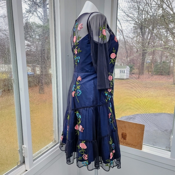 Wayward Fancies Floral Embroidery Black Sheer Tiered Tulle & Blue Dupioni Dress - Picture 5 of 16